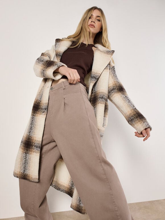 Soft Oversized Check Coat, Cream, large