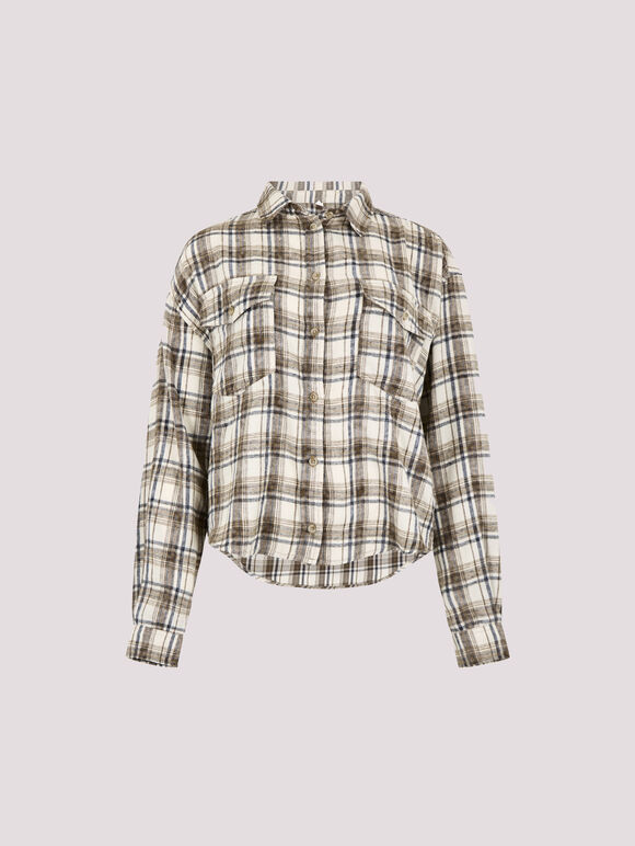 Cropped Check Shirt, Cream, large