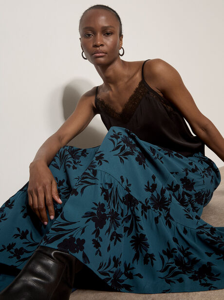 Floral Silhouette Crepe Maxi Skirt
