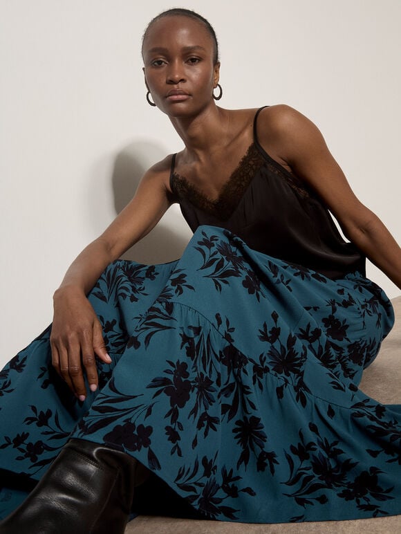 Floral Silhouette Crepe Maxi Skirt, Teal, large