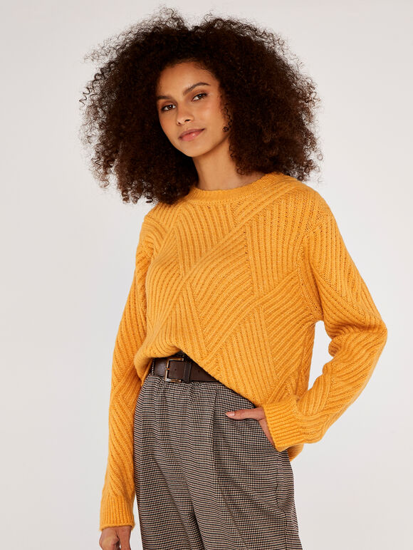 Diamond Knit Jumper, Mustard, large