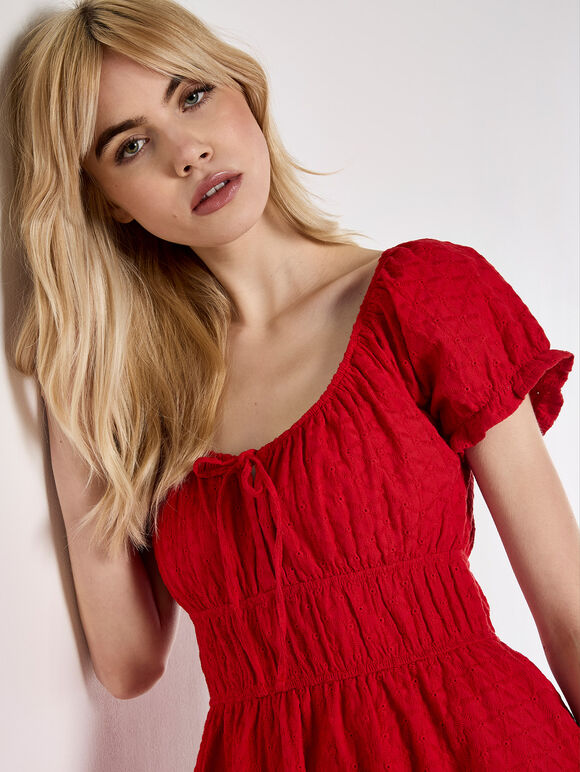 Eyelet Embroidery Tiered Mini Dress, Red, large