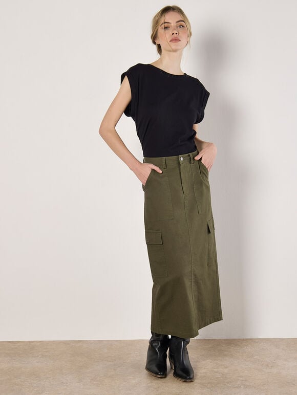 Cotton Cargo Midaxi Skirt, Khaki, large