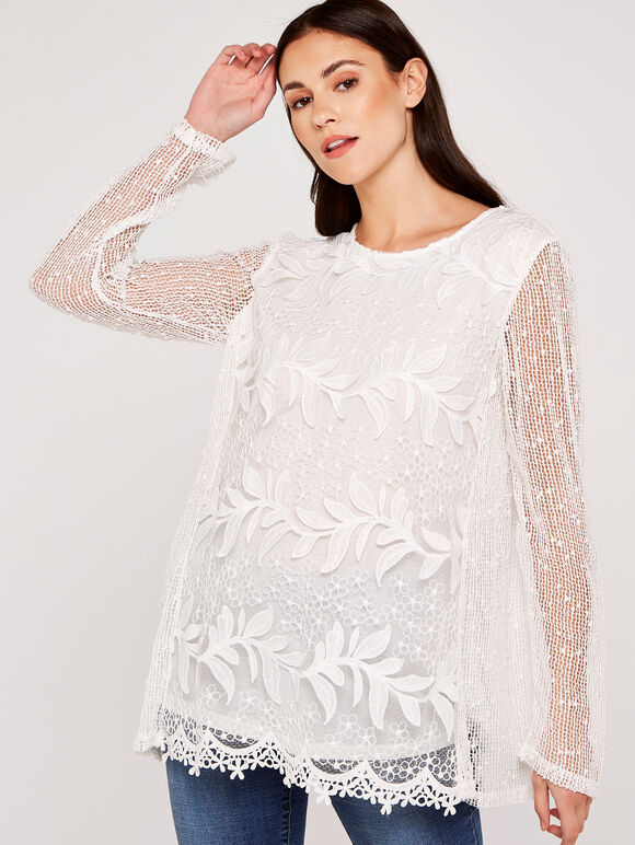Lace Top with Mesh Sleeve Top, Cream, large