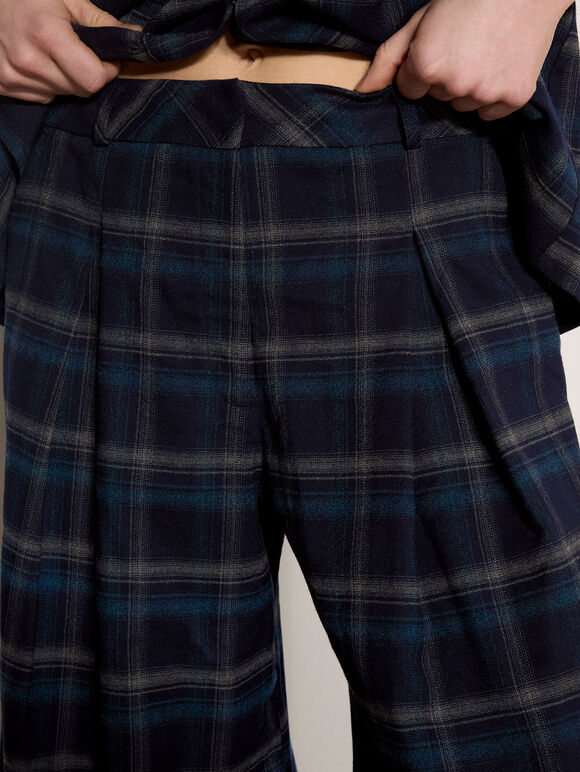 Check Print Wide-Leg Trousers, Navy, large