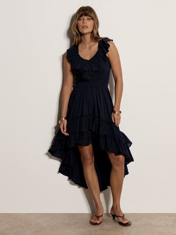 Cotton High-Low Ruffle Midi Dress, Navy, large