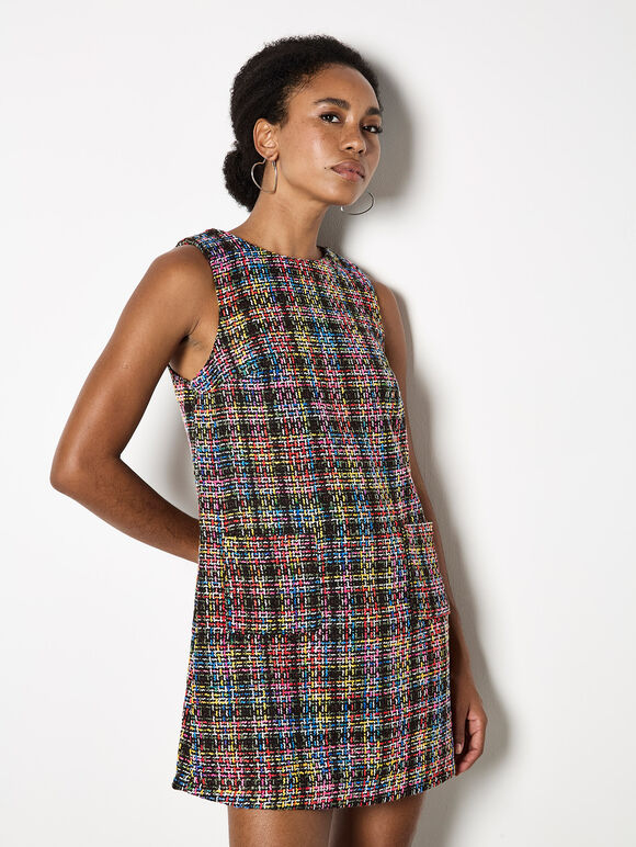 Colour Pop Tweed Shift Mini Dress, Black, large