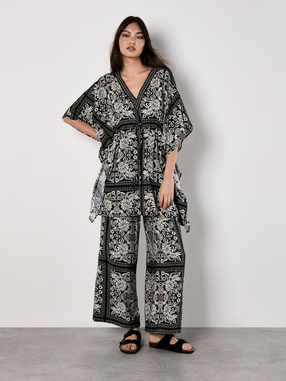 Scarf Print Kimono Mini Dress, Black, large