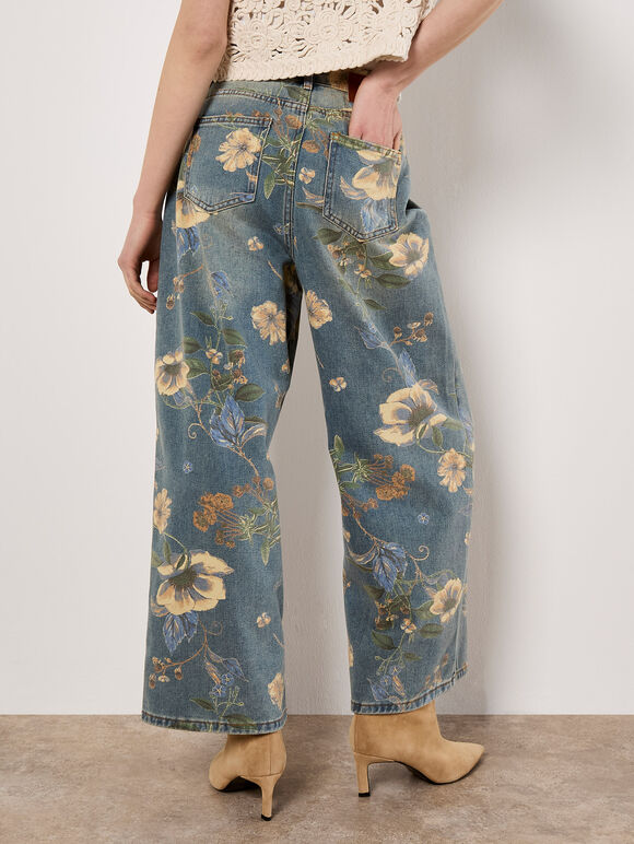 Floral Print Wide-Leg Jeans, Blue, large