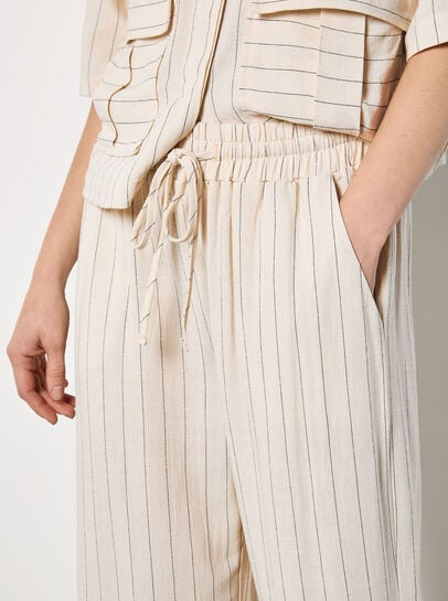 Pinstripe Linen Blend Wide-Leg Trousers