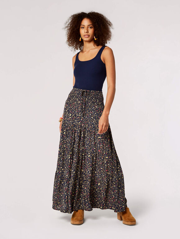 Floral Smock Maxi Skirt, Navy, large