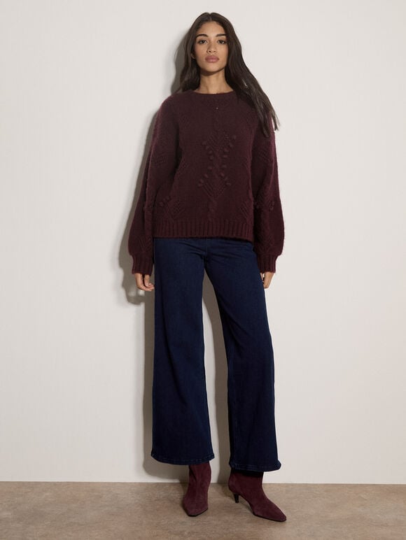 Brushed Bobble Cable Knit Jumper, Plum, large