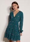 Cherry Print Crepe Mini Dress, Teal, large