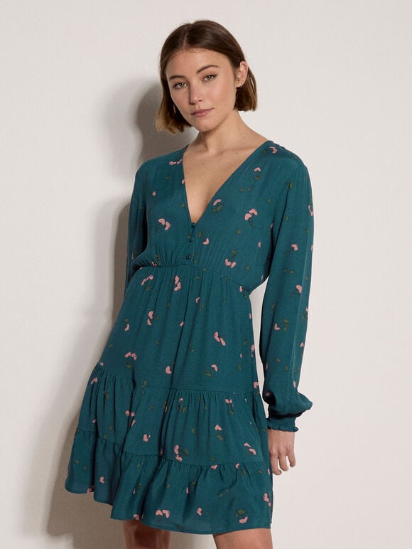 Cherry Print Crepe Mini Dress, Teal, large