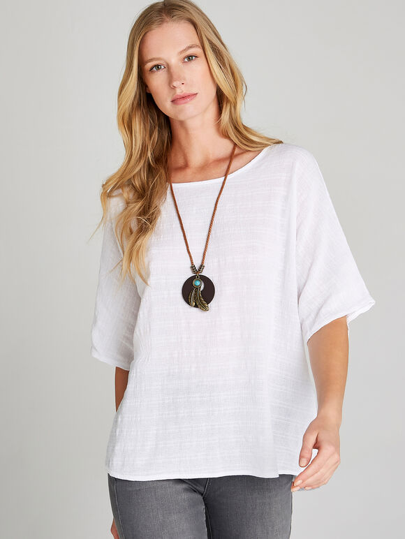 Textured Oversized Necklace Top, Cream, large