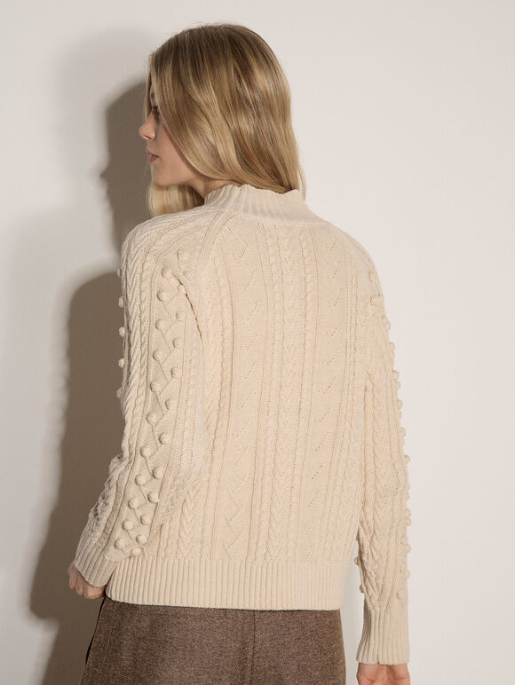 Bobble Cable Knit Jumper, Stone, large