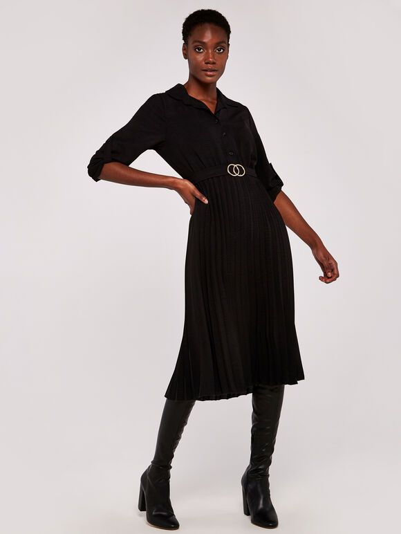 Circles Belt Pleated Midi Dress, Black, large