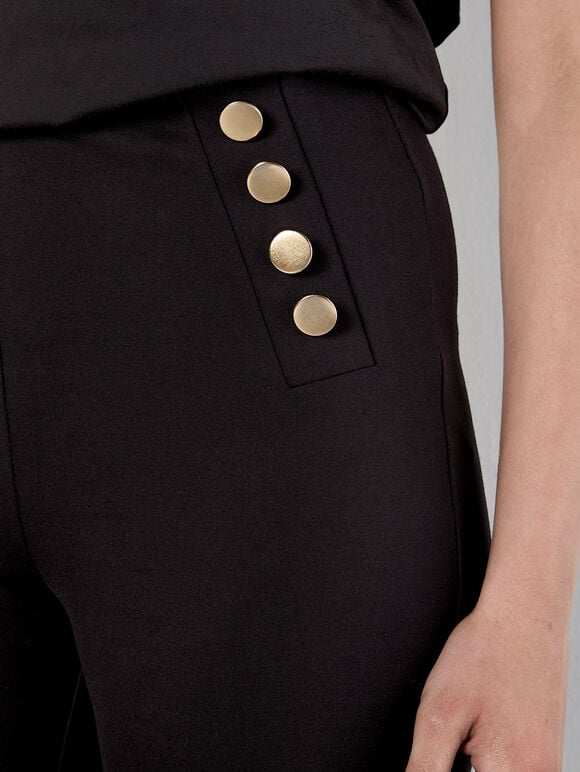 Button Detail Stretch Flare Trousers, Black, large