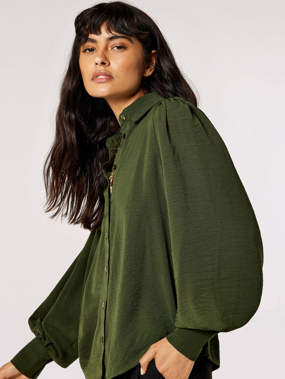 Balloon Sleeve Shirt, Green, large