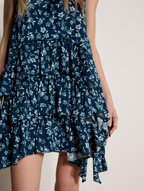 Floral Ruffle Tiered Mini Dress, Blue, large