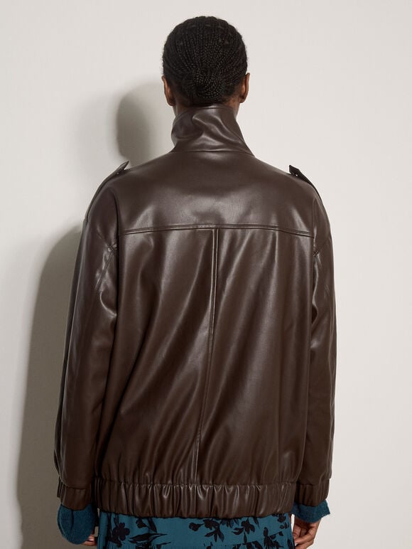 Oversized Faux Leather Jacket, Brown, large