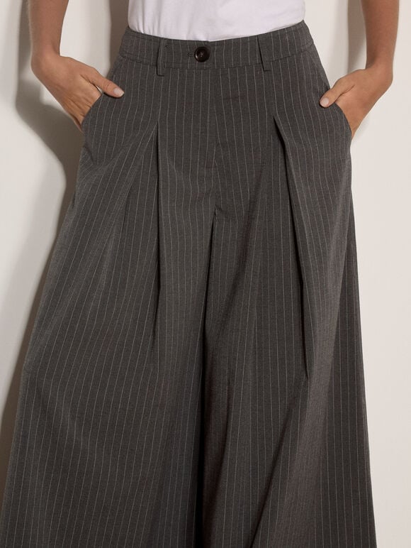Wide-Leg Pleat Pinstripe Trousers, Grey, large