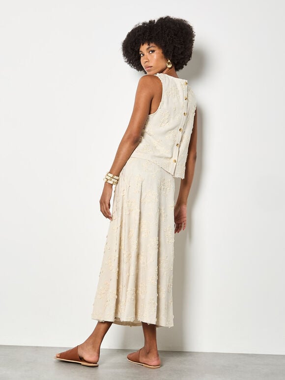 Embroidered Floral Linen Blend Midaxi Skirt, Stone, large