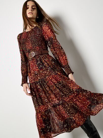 Ikat Patchwork Smocked Chiffon Midi Dress