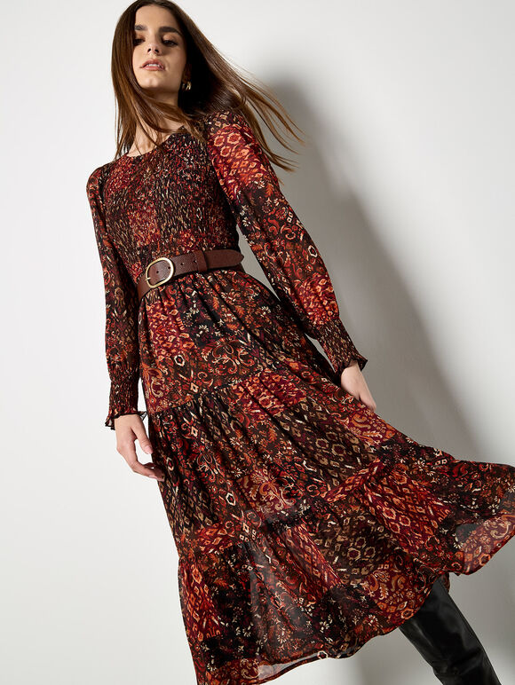 Ikat Patchwork Smocked Chiffon Midi Dress, Burgundy, large