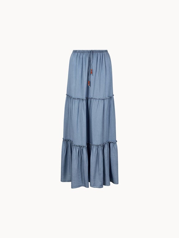 Denim Tiered Maxi Skirt, Blue, large