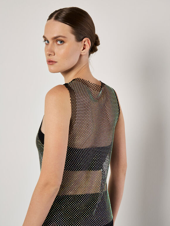 Diamante Mesh Sleeveless Top, Black, large