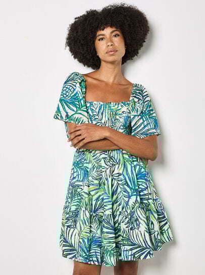 Palm Print Smocked Broderie Mini Dress