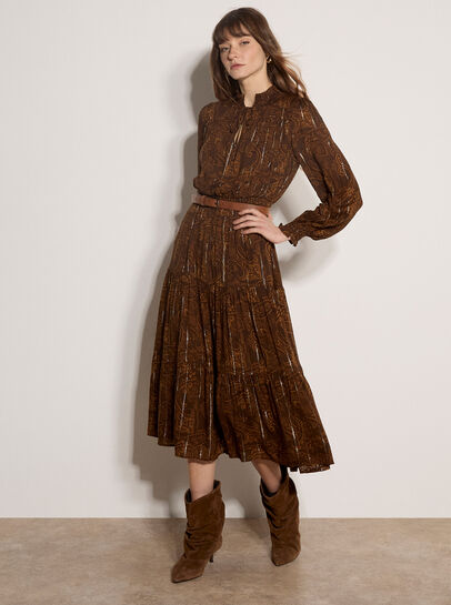 Paisley Metallic Shimmer Tiered Midi Dress