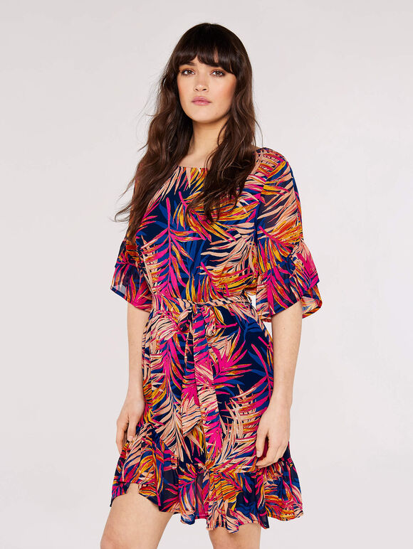 Painterly Tropical Mini Dress, Navy, large