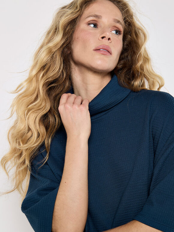 Waffle Knit Mock Neck T-Shirt, Blue, large