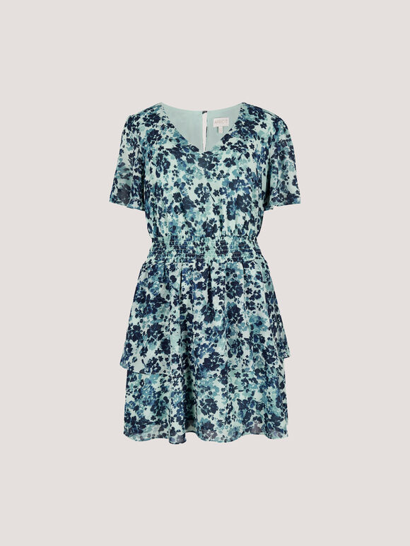 Blurred Floral Tiered Mini Dress, Blue, large