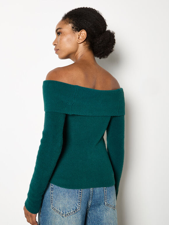 Fluffy Bardot Jumper, Green, large