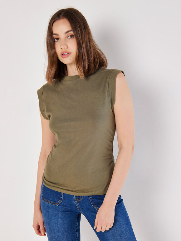 Cotton Jersey Side Ruched T-Shirt, Khaki, large