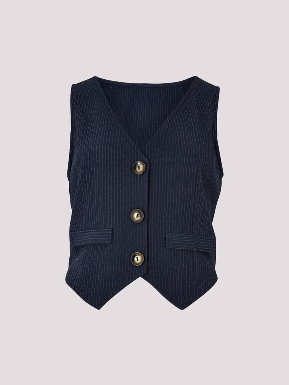 Textured Pinstripe Waistcoat, Navy, large
