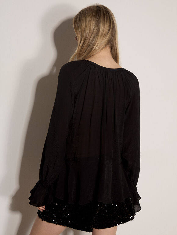 Textured Peplum Hem Blouse, Black, large
