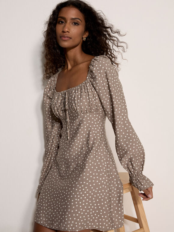 Polka Dot Milkmaid Mini Dress, Stone, large