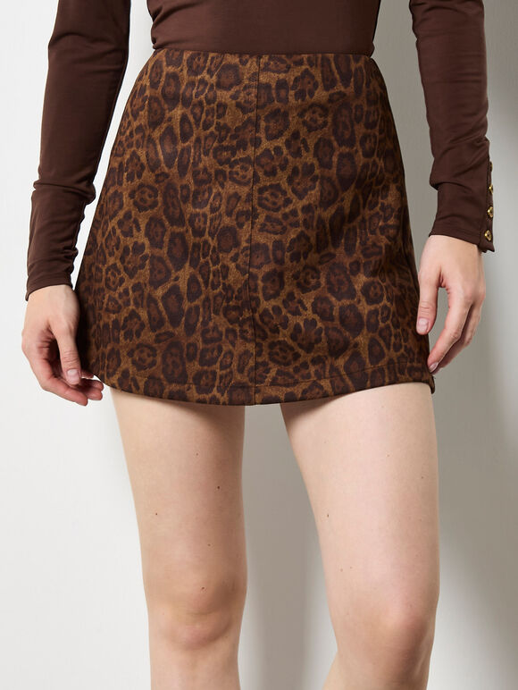 Leopard Suedette Mini Skirt, Brown, large