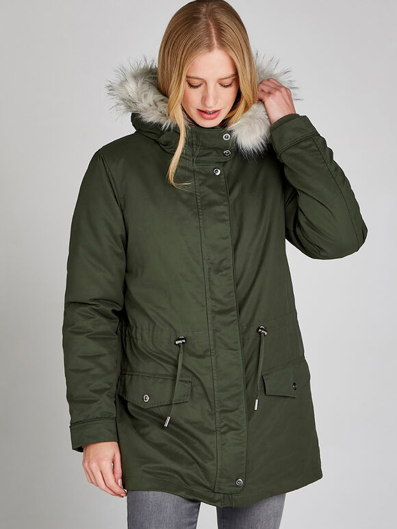 Removable Padding Faux Fur Hood Coat, Khaki, large
