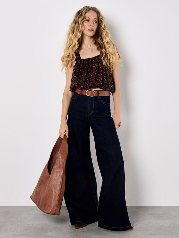 Animal Print Bubble Hem Cami Top, Brown, large