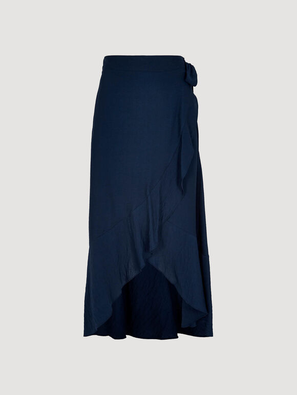 Ruffle Wrap Maxi Skirt, Navy, large