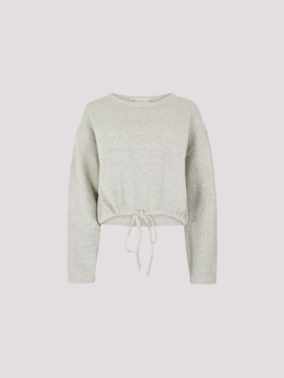 Cropped Boucle Knit Drawstring Jumper, Grey, large