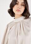 Satin Self-Stripe Tie Back Top, Stone, large