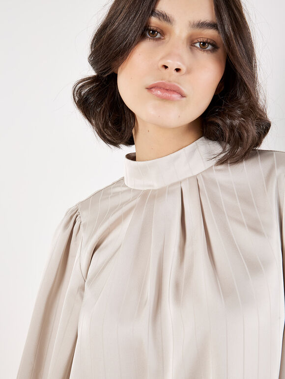 Satin Self-Stripe Tie Back Top, Stone, large