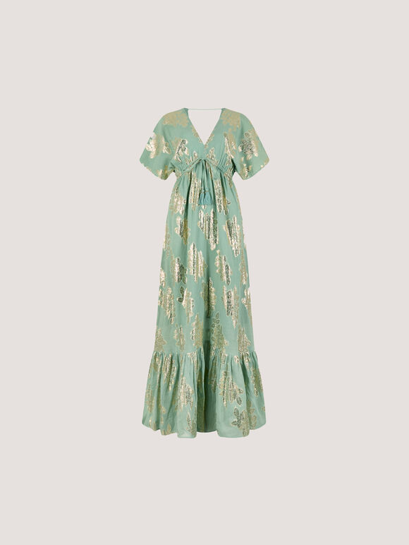 Gold Foil Floral Maxi Dress, Mint, large