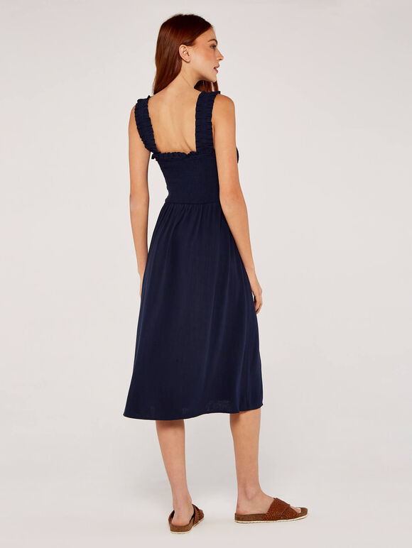 Slub Linen Nape Dress, Navy, large